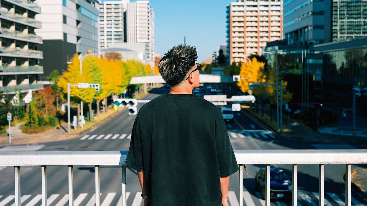 橋の上から秋のイチョウ並木を見下ろす人物の後ろ姿